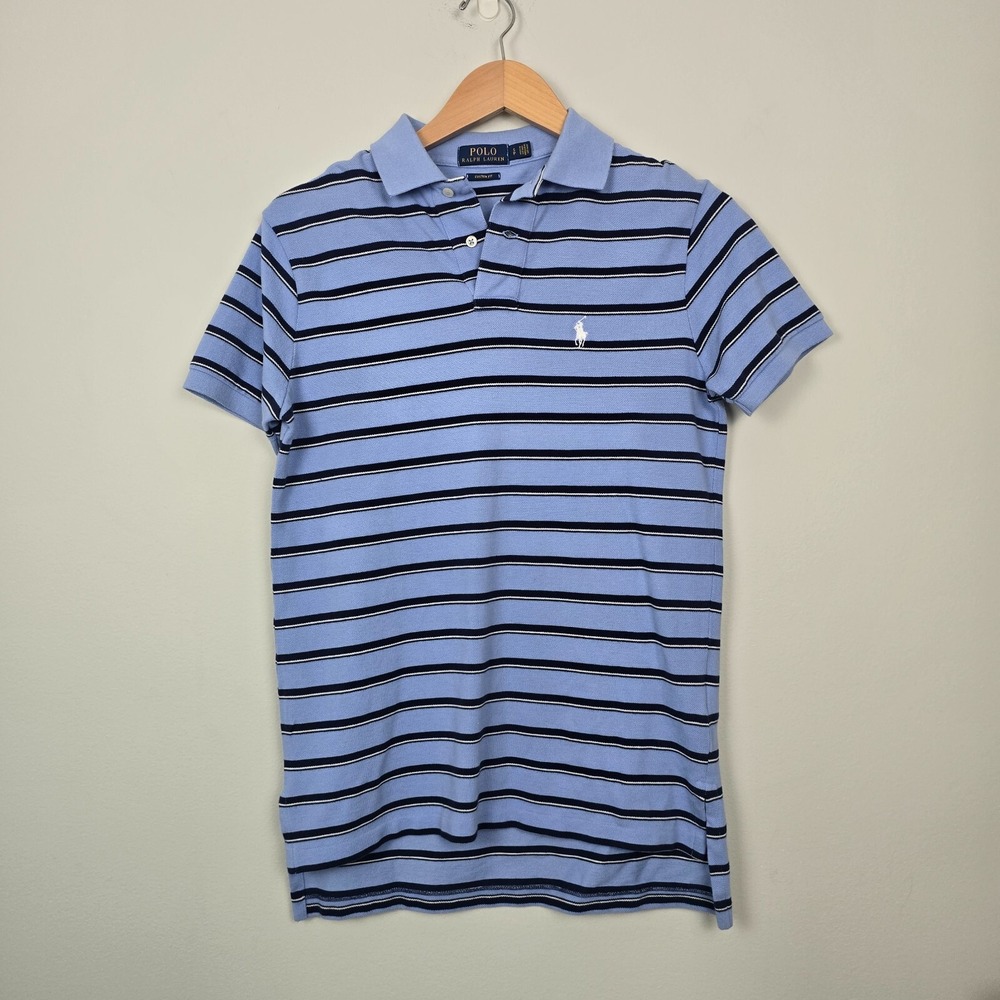 Polo Ralph Lauren Custom Fit Blue Striped Polo‎ Shirt Small Classic Preppy Golf